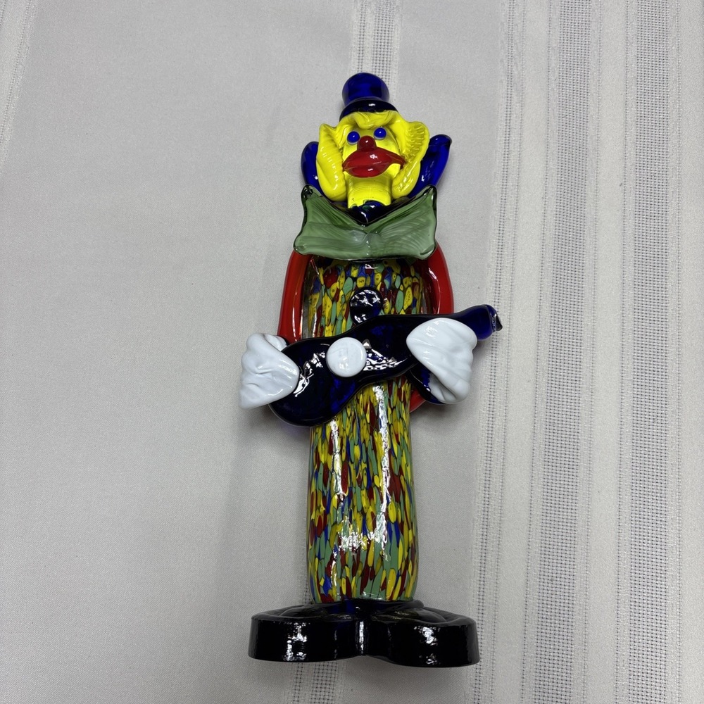 Vintage 8" Murano Multicolor Hand Blown Glass Clown With Guitar